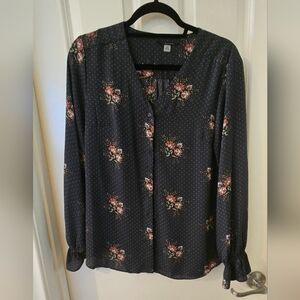 T Tahari Navy Floral Polka Dot Button-Down Blouse